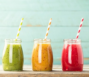 Row of colorful smoothies perfect for after dental implant surgery in Hillsboro
