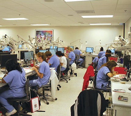 Dentists working in dental school lab