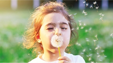Child blowing dandelion pollen