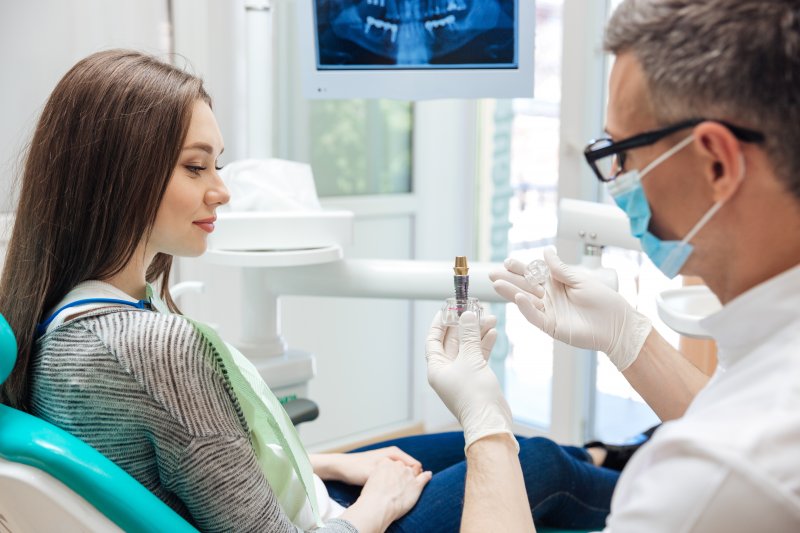 A dentist explaining dental implant cost
